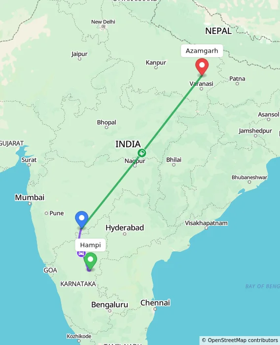 Route map showing distance and travel time from Hampi, India to Azamgarh, India