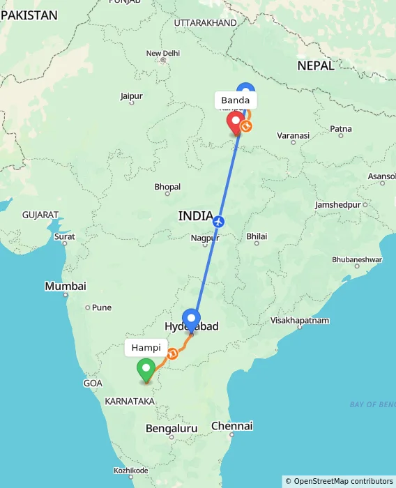 Route map showing distance and travel time from Hampi, India to Banda, India