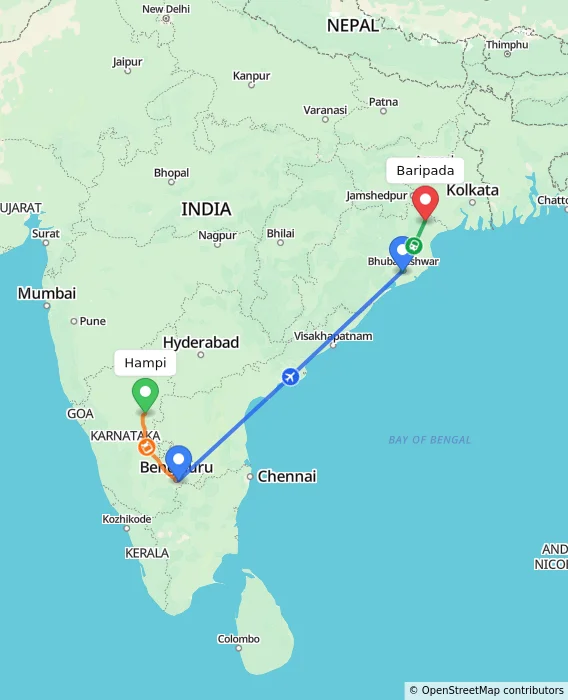 Route map showing distance and travel time from Hampi, India to Baripada, India