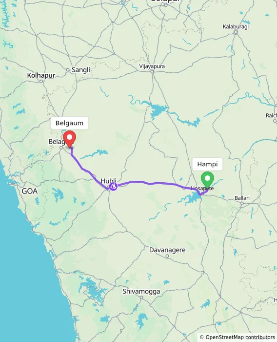 Route map showing distance and travel time from Hampi, India to Belgaum, India