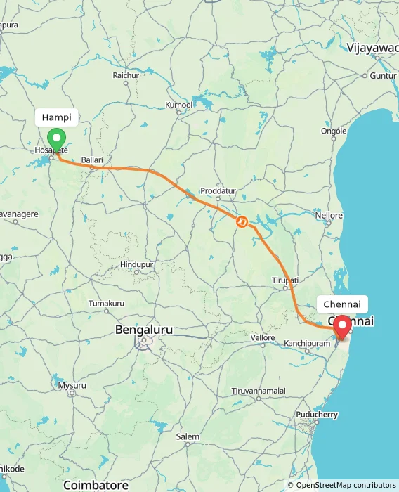 Route map showing distance and travel time from Hampi, India to Chennai, India