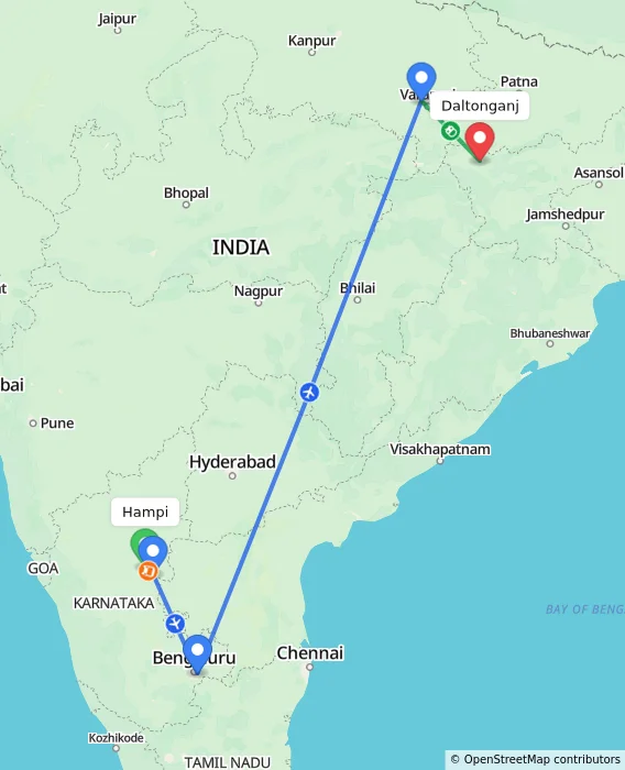 Route map showing distance and travel time from Hampi, India to Daltonganj, India