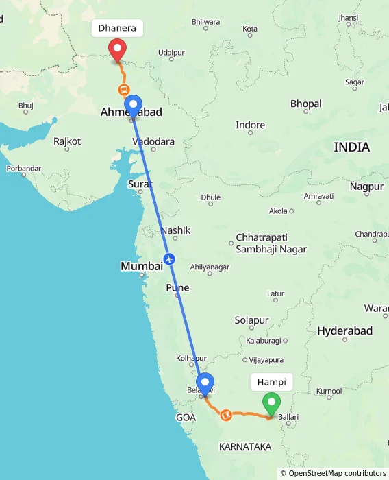Route map showing distance and travel time from Hampi, India to Dhanera, India