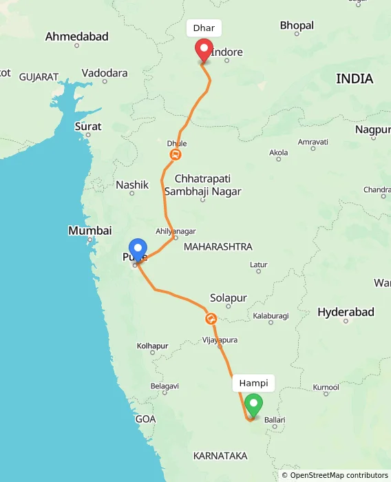 Route map showing distance and travel time from Hampi, India to Dhar, India
