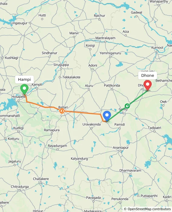Route map showing distance and travel time from Hampi, India to Dhone, India