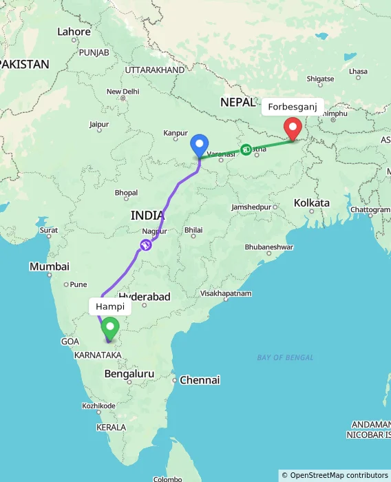 Route map showing distance and travel time from Hampi, India to Forbesganj, India
