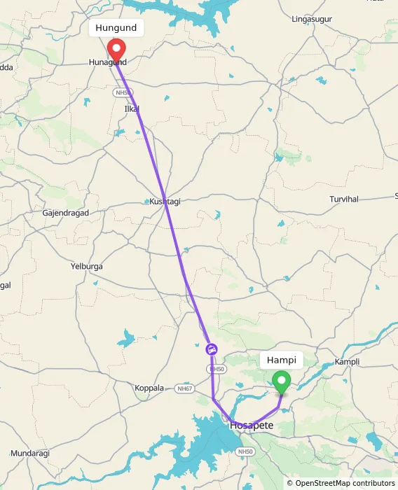 Route map showing distance and travel time from Hampi, India to Hungund, India