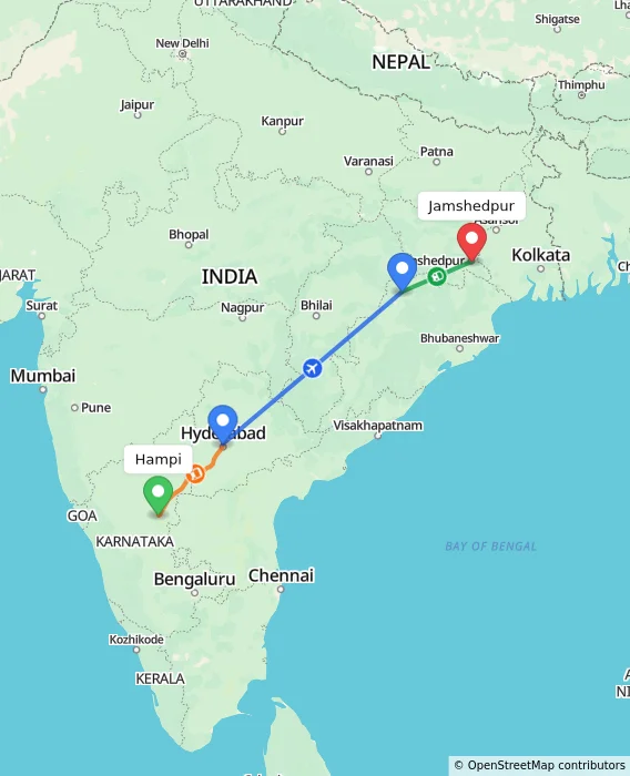 Route map showing distance and travel time from Hampi, India to Jamshedpur, India