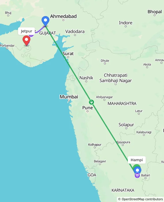 Route map showing distance and travel time from Hampi, India to Jetpur, India