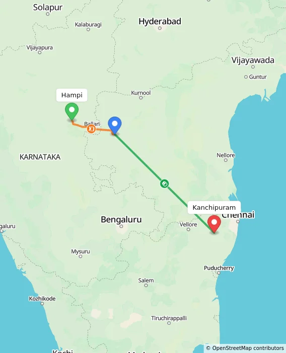 Route map showing distance and travel time from Hampi, India to Kanchipuram, India