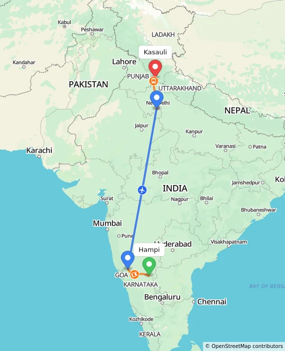 Route map showing distance and travel time from Hampi, India to Kasauli, India