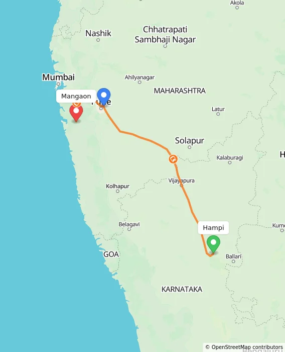 Route map showing distance and travel time from Hampi, India to Mangaon, India