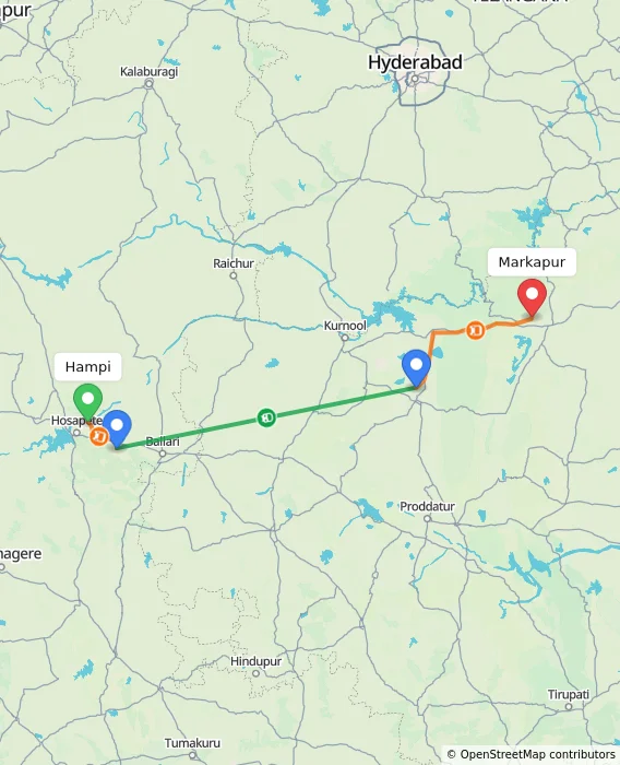 Route map showing distance and travel time from Hampi, India to Markapur, India