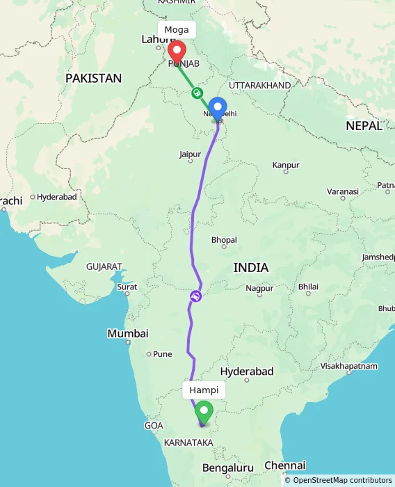 Route map showing distance and travel time from Hampi, India to Moga, India