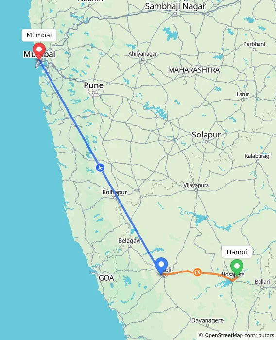 Route map showing distance and travel time from Hampi, India to Mumbai, India