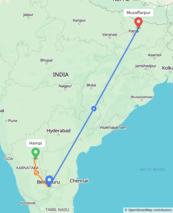 Route map showing distance and travel time from Hampi, India to Muzaffarpur, India