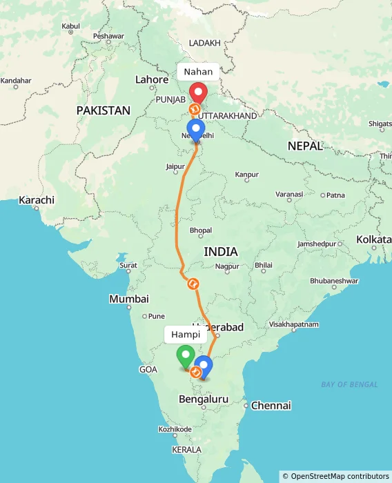 Route map showing distance and travel time from Hampi, India to Nahan, India