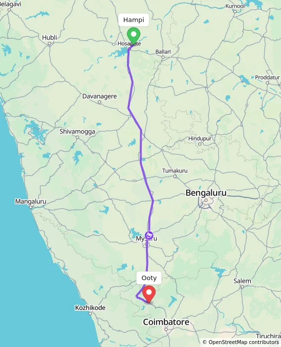Route map showing distance and travel time from Hampi, India to Ooty, India