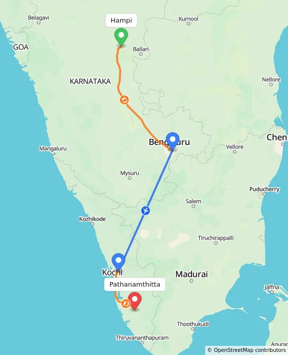 Route map showing distance and travel time from Hampi, India to Pathanamthitta, India