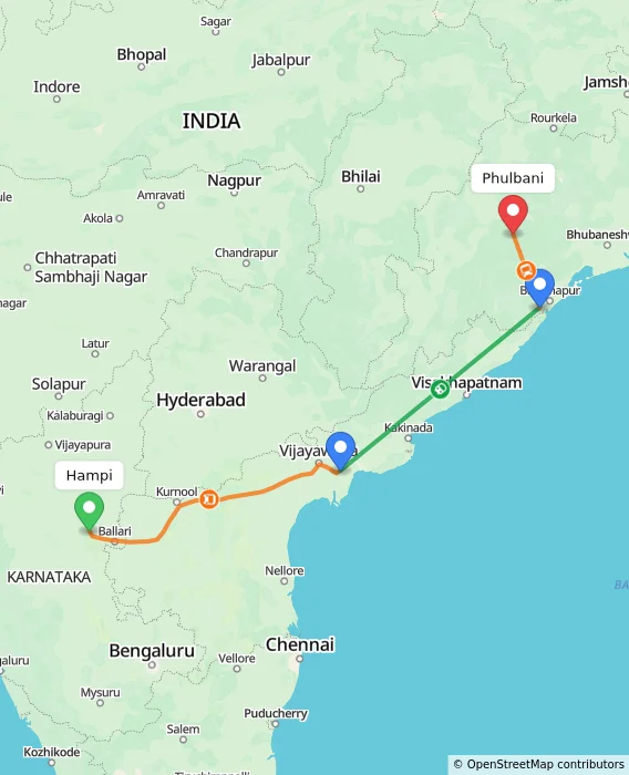 Route map showing distance and travel time from Hampi, India to Phulbani, India