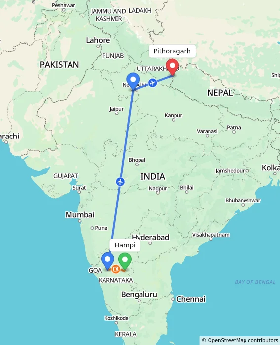 Route map showing distance and travel time from Hampi, India to Pithoragarh, India
