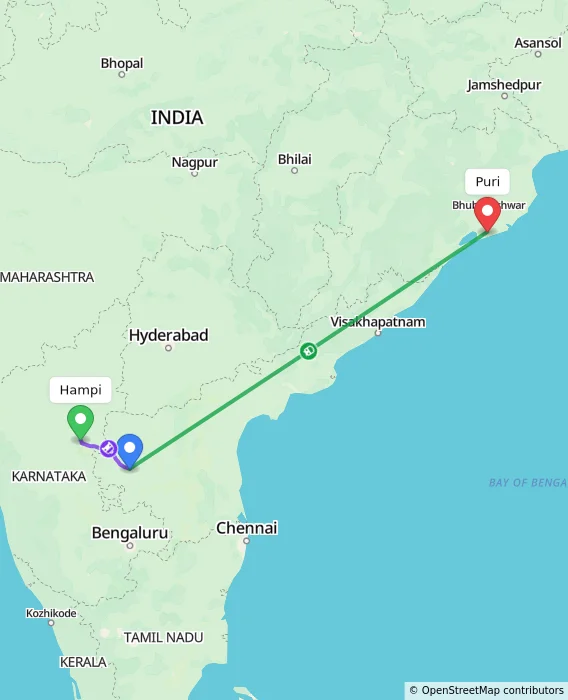 Route map showing distance and travel time from Hampi, India to Puri, India