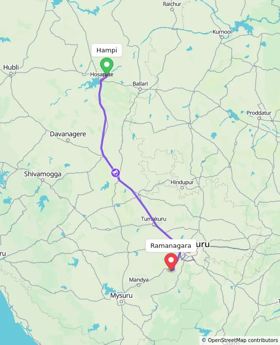 Route map showing distance and travel time from Hampi, India to Ramanagara, India