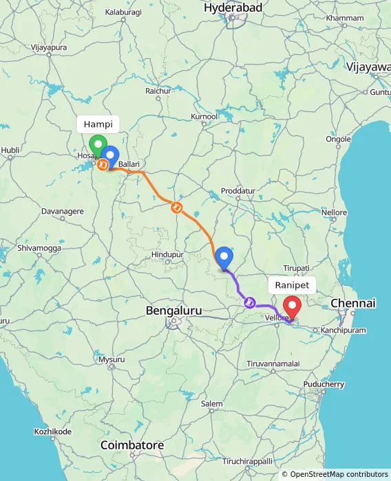 Route map showing distance and travel time from Hampi, India to Ranipet, India