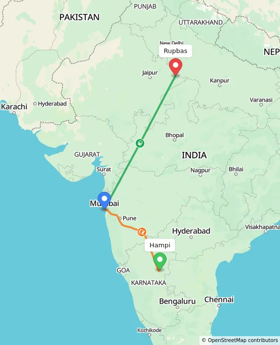 Route map showing distance and travel time from Hampi, India to Rupbas, India