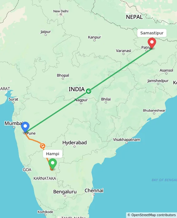 Route map showing distance and travel time from Hampi, India to Samastipur, India