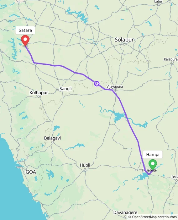 Route map showing distance and travel time from Hampi, India to Satara, India