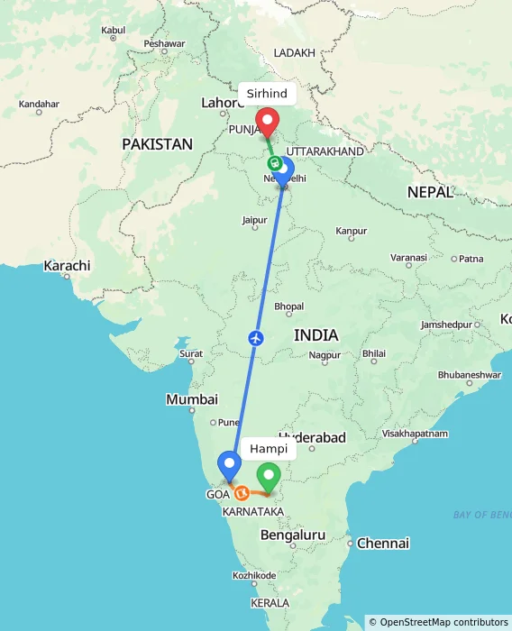 Route map showing distance and travel time from Hampi, India to Sirhind, India