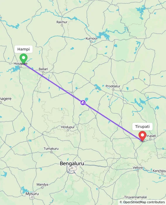 Route map showing distance and travel time from Hampi, India to Tirupati, India