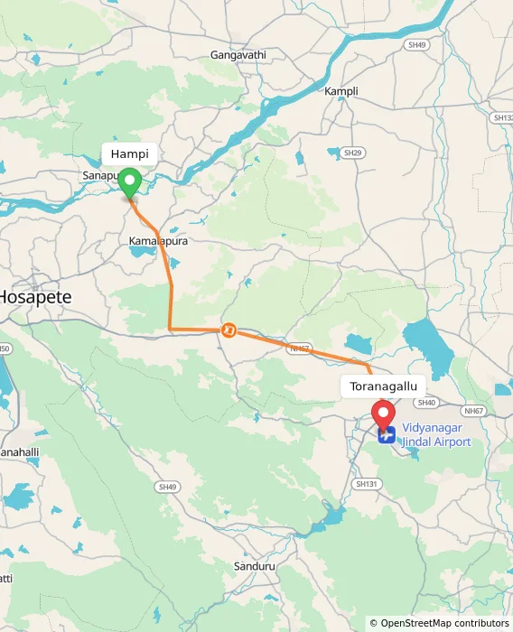 Route map showing distance and travel time from Hampi, India to Toranagallu, India