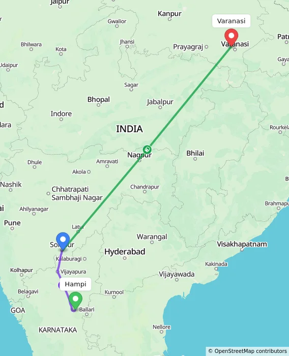 Route map showing distance and travel time from Hampi, India to Varanasi, India