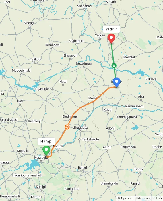 Route map showing distance and travel time from Hampi, India to Yadgir, India