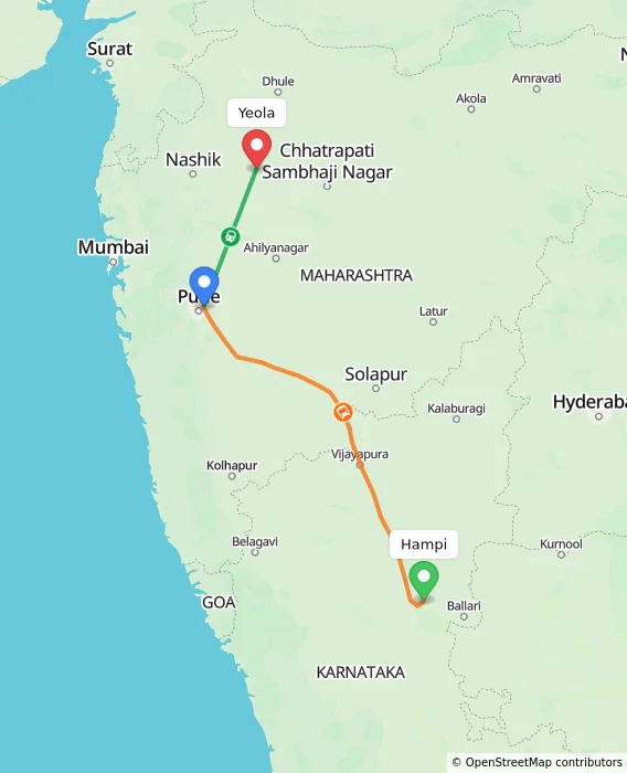 Route map showing distance and travel time from Hampi, India to Yeola, India