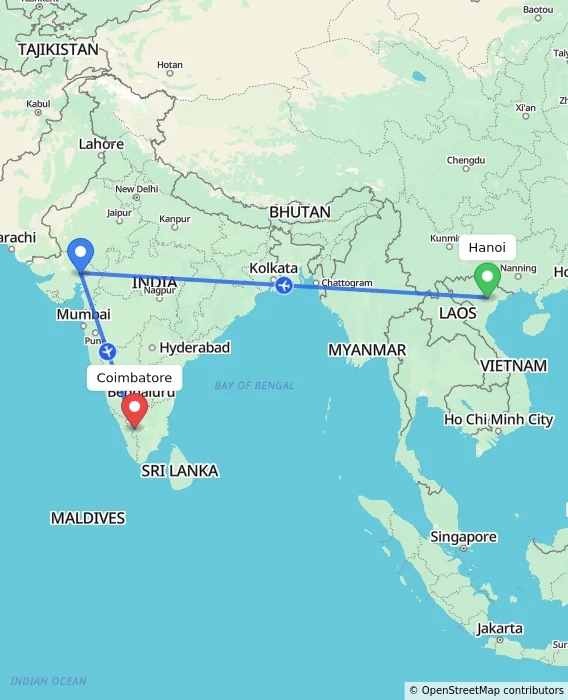 Route map showing distance and travel time from Hanoi, Vietnam to Coimbatore, India