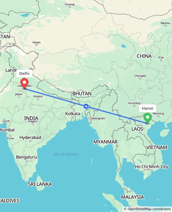 Route map showing distance and travel time from Hanoi, Vietnam to Delhi, India