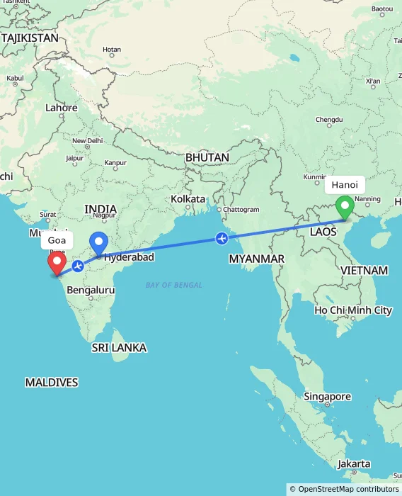 Route map showing distance and travel time from Hanoi, Vietnam to Goa, India