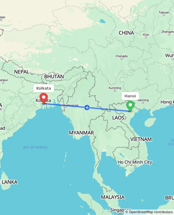 Route map showing distance and travel time from Hanoi, Vietnam to Kolkata, India
