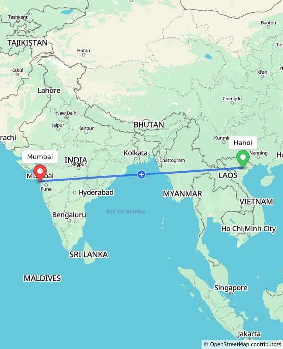Route map showing distance and travel time from Hanoi, Vietnam to Mumbai, India