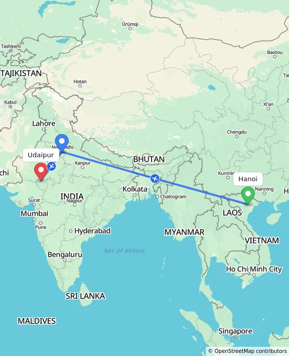 Route map showing distance and travel time from Hanoi, Vietnam to Udaipur, India