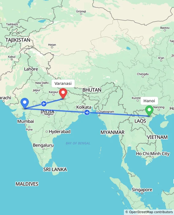 Route map showing distance and travel time from Hanoi, Vietnam to Varanasi, India