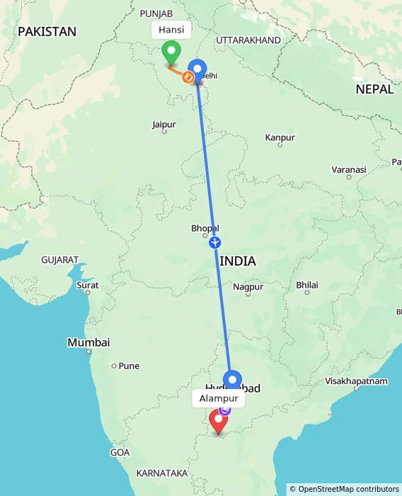 Route map showing distance and travel time from Hansi, India to Alampur, India
