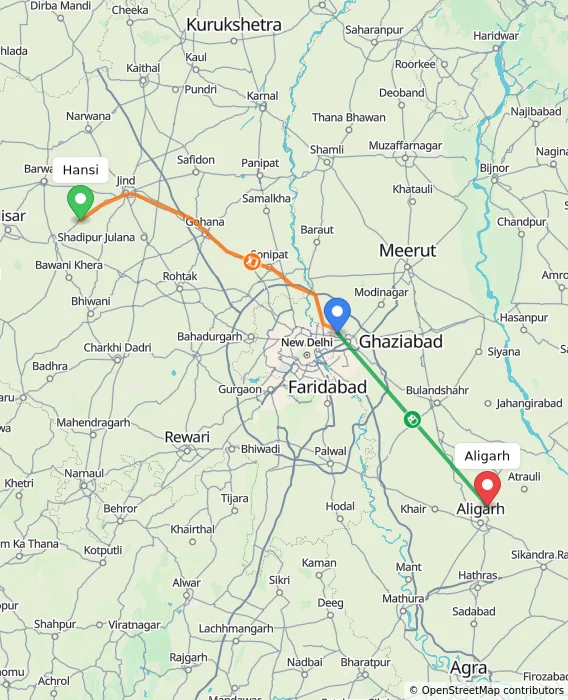 Route map showing distance and travel time from Hansi, India to Aligarh, India