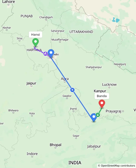Route map showing distance and travel time from Hansi, India to Banda, India