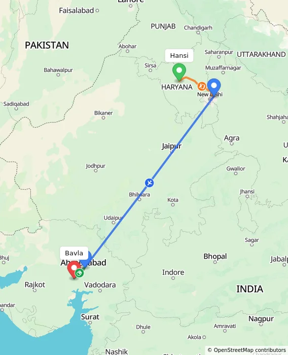 Route map showing distance and travel time from Hansi, India to Bavla, India
