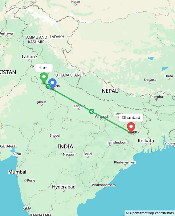 Route map showing distance and travel time from Hansi, India to Dhanbad, India