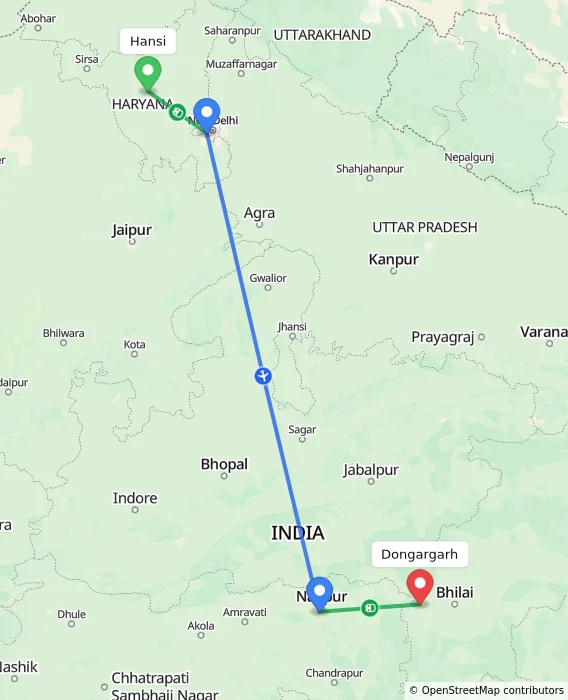 Route map showing distance and travel time from Hansi, India to Dongargarh, India